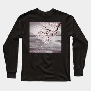 Cherry blossom branch. Water landscape watercolor illustration. Sakura flowers spring scenery Long Sleeve T-Shirt